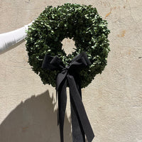 PRESERVED HYDRANGEA CHRISTMAS WREATH with DOUBLE BLACK VELVET BOW