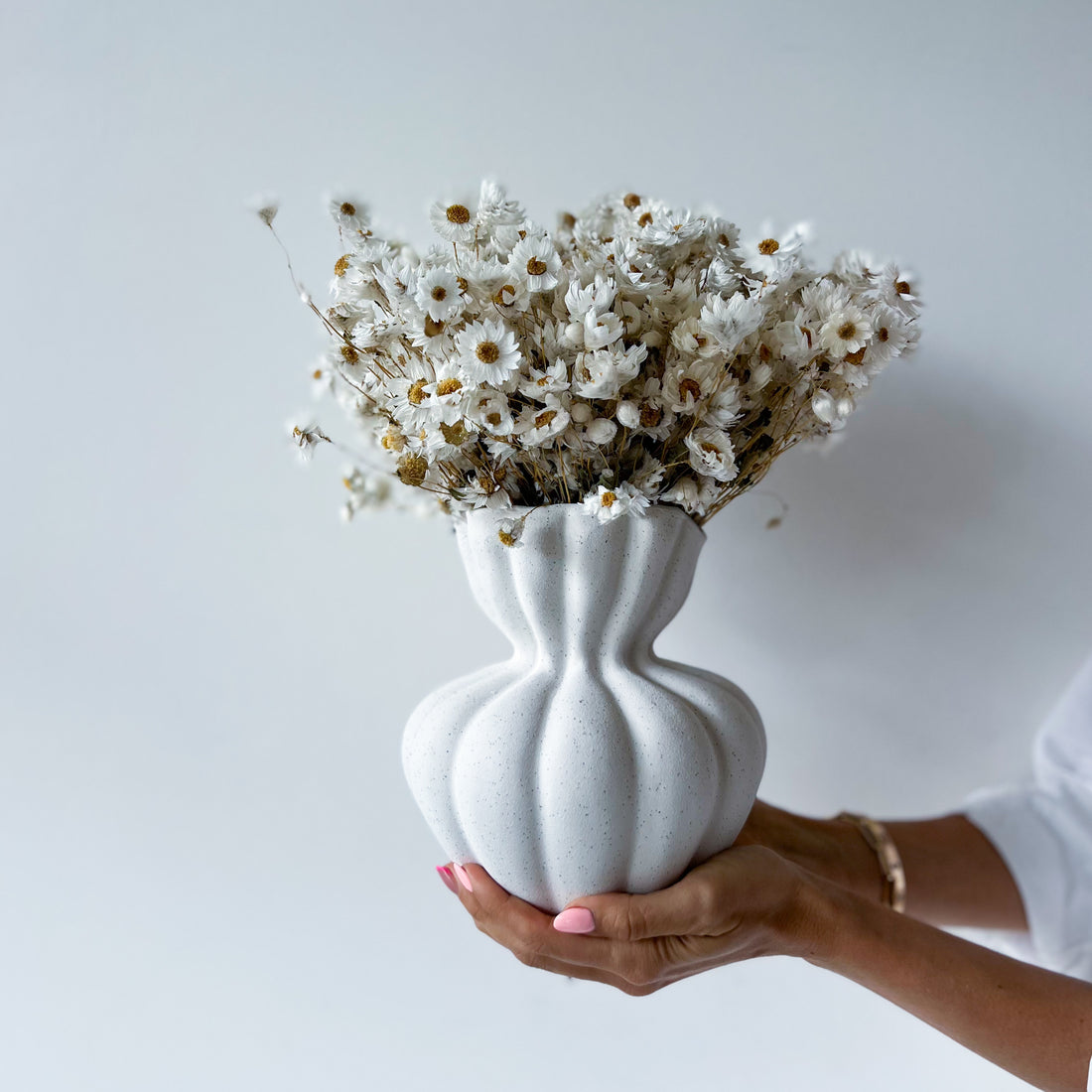 DAISY DREAM DRIED FLOWER ARRANGEMENT IN WHITE VASE - PRE ORDER DECEMBER