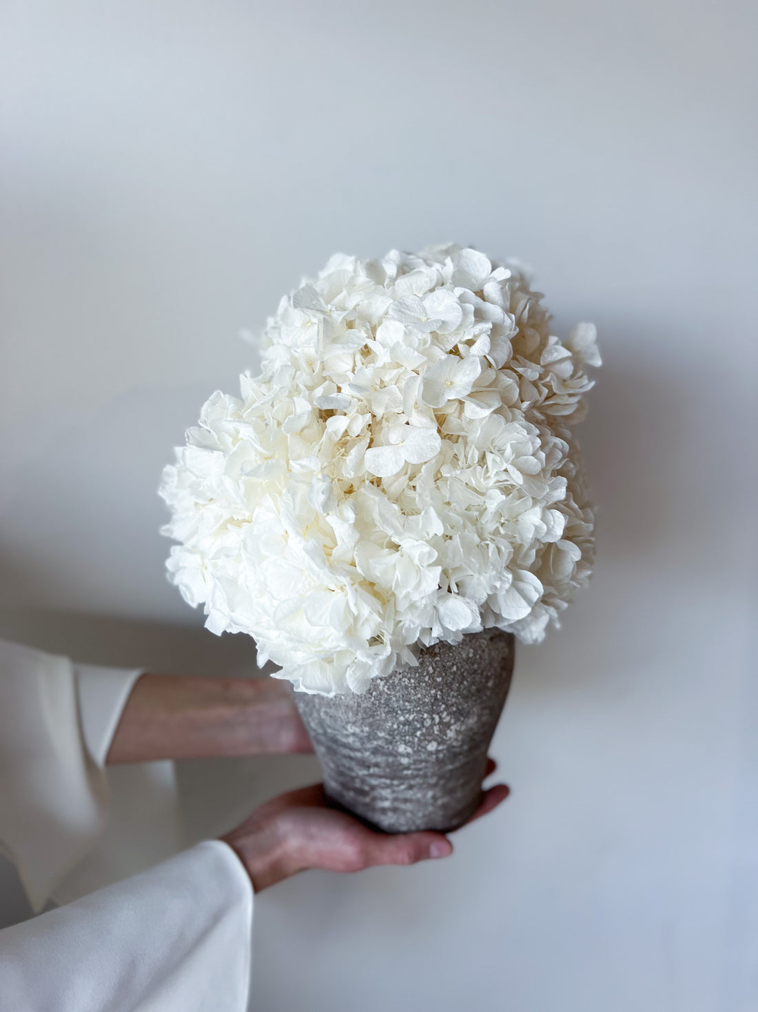 PRE ORDER DECEMBER - LUNA PRESERVED WHITE HYDRANGEA ARRANGEMENT IN HERAMA POT