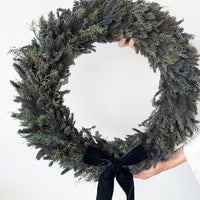 PRESERVED PINE CHRISTMAS WREATH with BLACK VELVET BOW