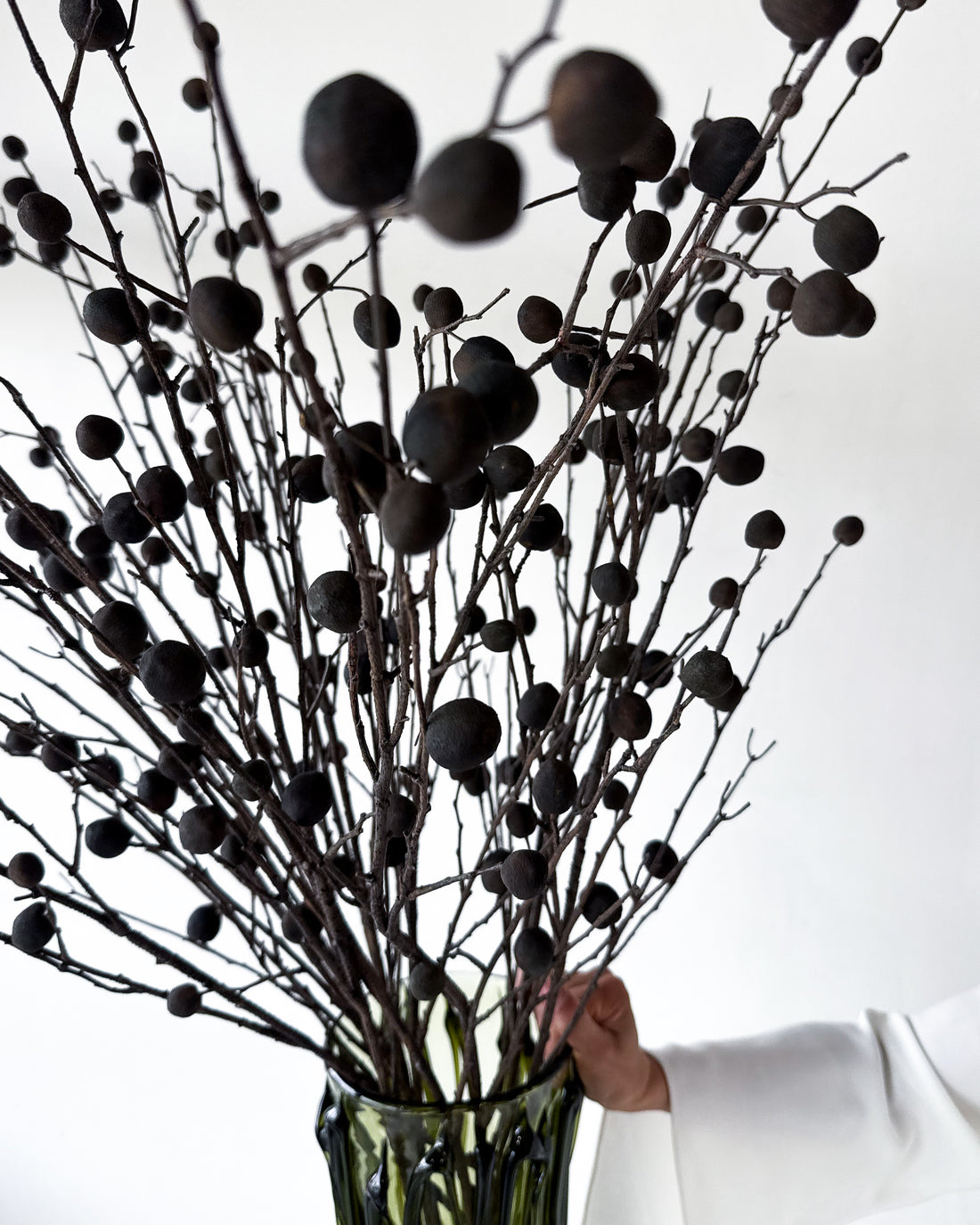 OLIVE | FAUX BERRY POD BRANCHES EN MASSE IN YAFEU VESSEL TALL GREEN