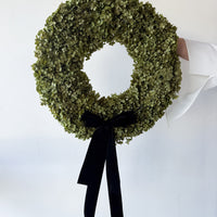PRESERVED HYDRANGEA CHRISTMAS WREATH with DOUBLE BLACK VELVET BOW