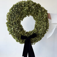 PRESERVED HYDRANGEA CHRISTMAS WREATH with DOUBLE BLACK VELVET BOW