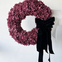 PRESERVED HYDRANGEA CHRISTMAS WREATH WITH BLACK VELVET TRIPLE BOW