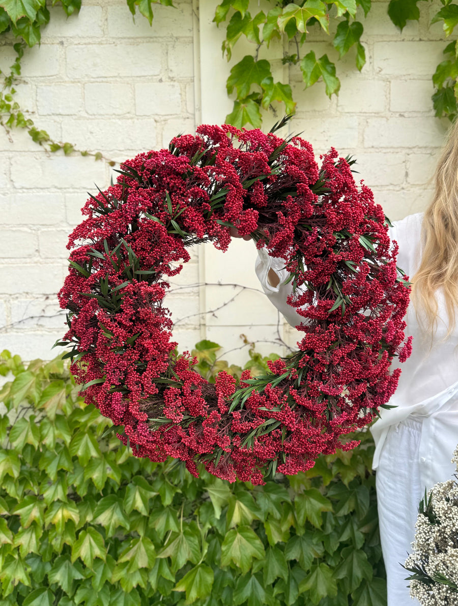 PRESERVED RICE FLOWER CHRISTMAS WREATH | DEEP RED