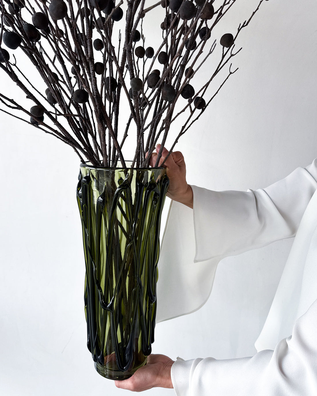 OLIVE | FAUX BERRY POD BRANCHES EN MASSE IN YAFEU VESSEL TALL GREEN