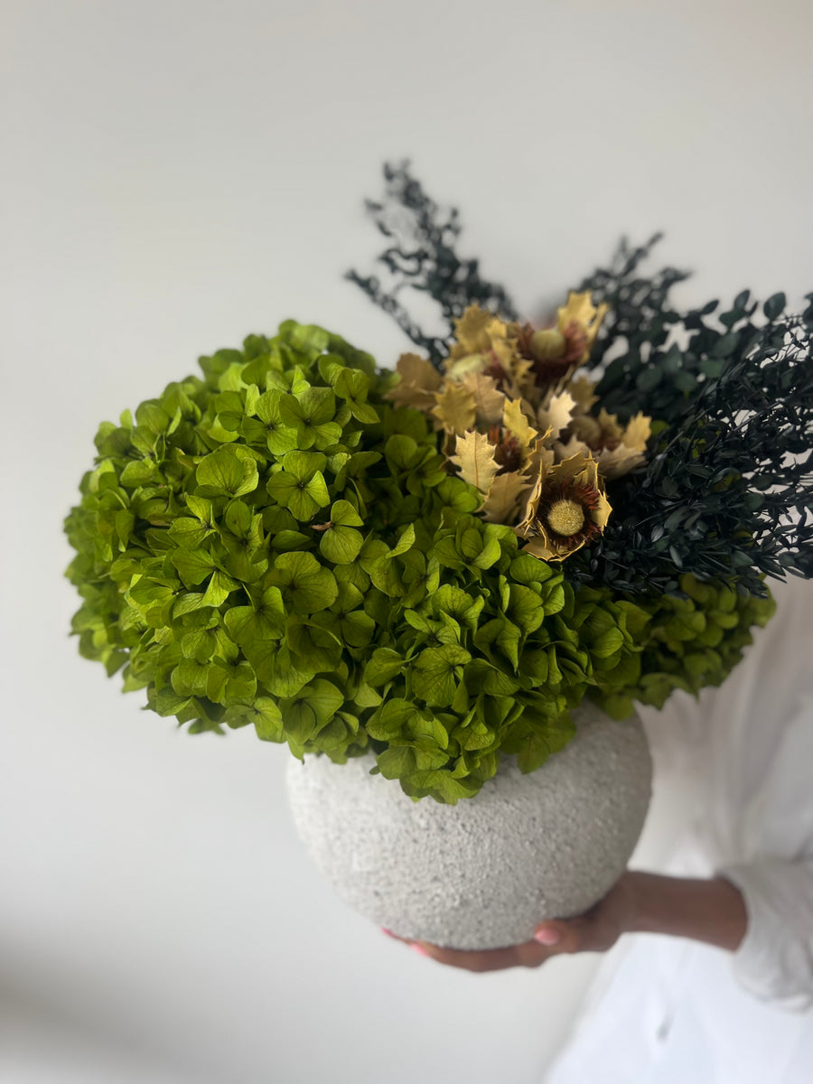 EDEN DRIED AND PRESERVED FLOWER ARRANGEMENT IN TAGEA VASE - LARGE LEAF GREEN