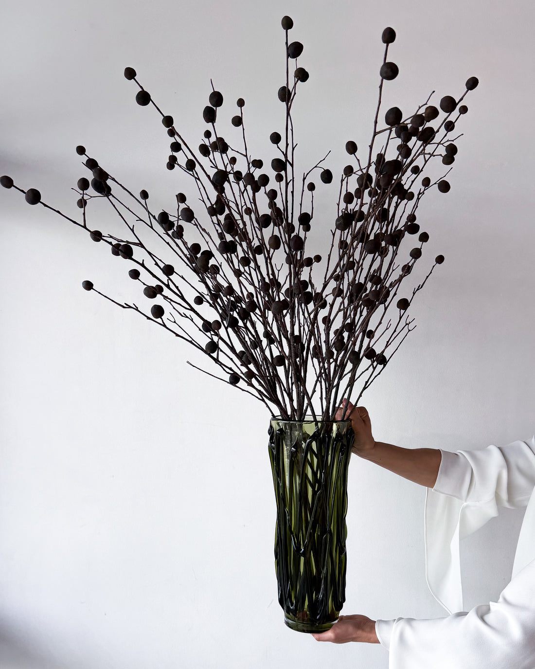 OLIVE | FAUX BERRY POD BRANCHES EN MASSE IN YAFEU VESSEL TALL GREEN