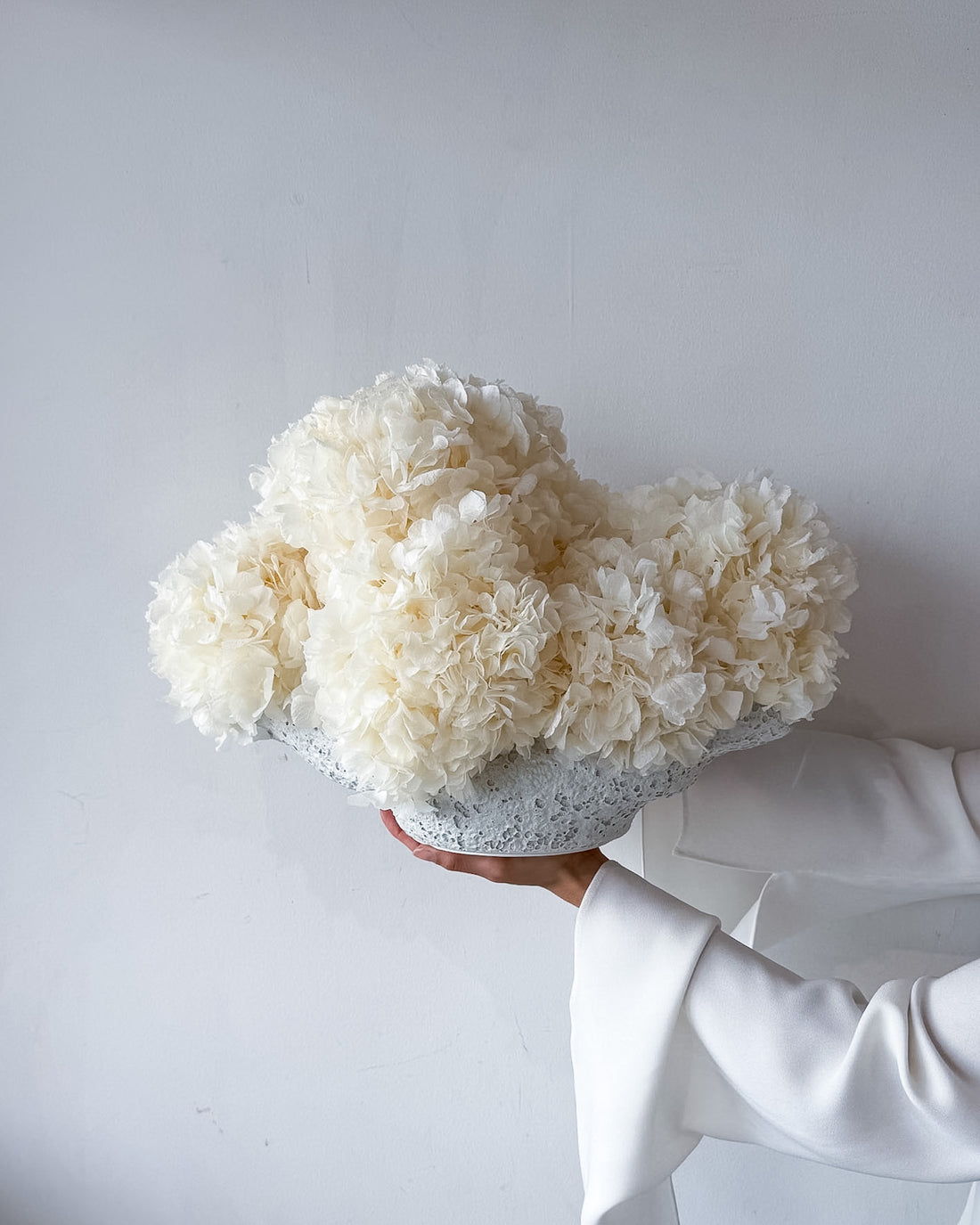 Charlotte preserved flower arrangement in Salt Crust White vessel