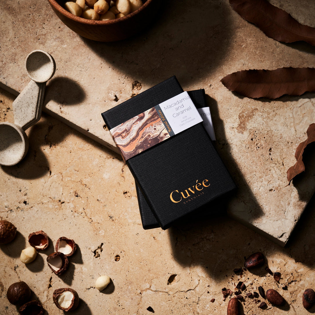 Cuvée Roasted Macadamia and Caramel 65% dark chocolate 70g bar