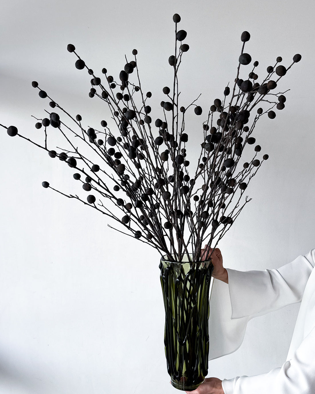 OLIVE | FAUX BERRY POD BRANCHES EN MASSE IN YAFEU VESSEL TALL GREEN