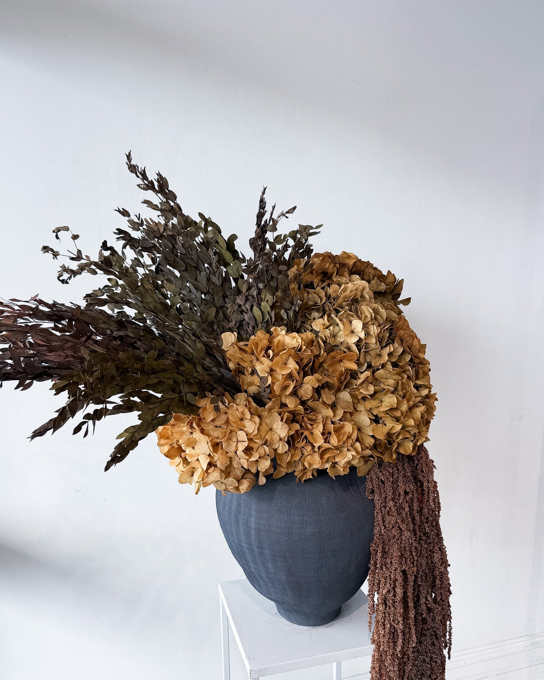 VALENTINA preserved natural hydrangea and amaranthus arrangement in black Sintra vessel