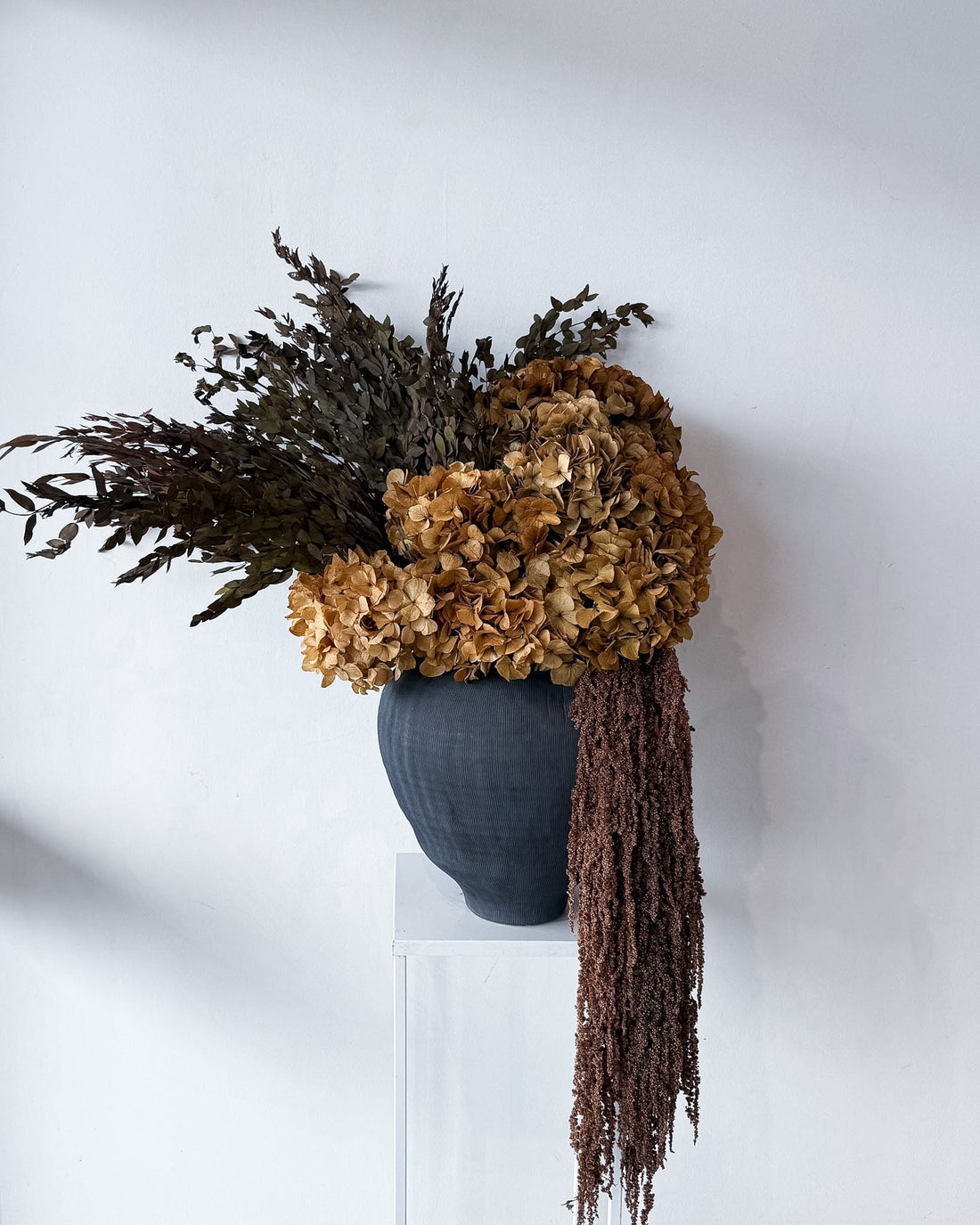 VALENTINA preserved natural hydrangea and amaranthus arrangement in black Sintra vessel