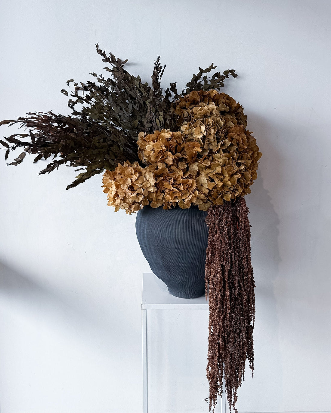 VALENTINA preserved natural hydrangea and amaranthus arrangement in black Sintra vessel