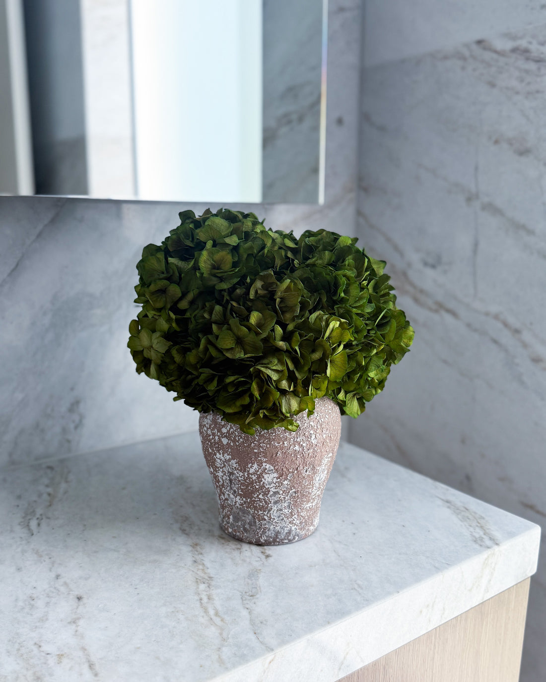 LUNA PRESERVED HYDRANGEA ARRANGEMENT IN HERAMA POT | DEEP LIME GREEN