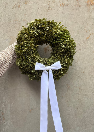 - PRESERVED HYDRANGEA CHRISTMAS WREATH with VELVET BOW - LARGE OLIVE GREEN