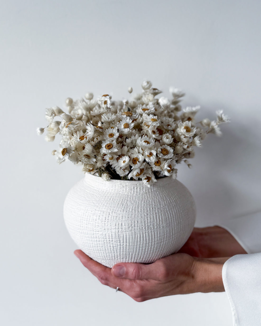 DAISY DREAM DRIED FLOWER ARRANGEMENT IN WHITE VASE