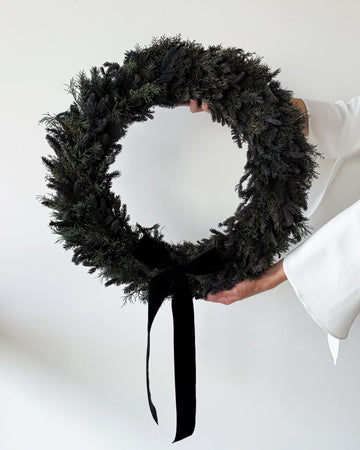 PRESERVED HYDRANGEA CHRISTMAS WREATH with BLACK VELVET BOW