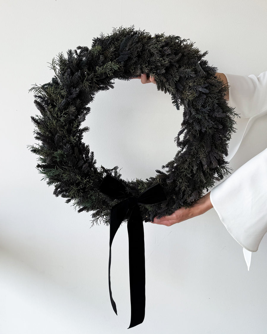 PRESERVED HYDRANGEA CHRISTMAS WREATH with BLACK VELVET BOW