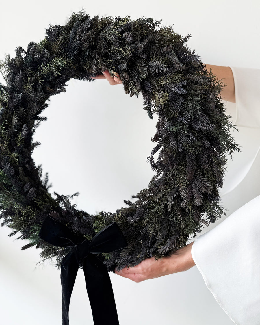 PRESERVED HYDRANGEA CHRISTMAS WREATH with BLACK VELVET BOW