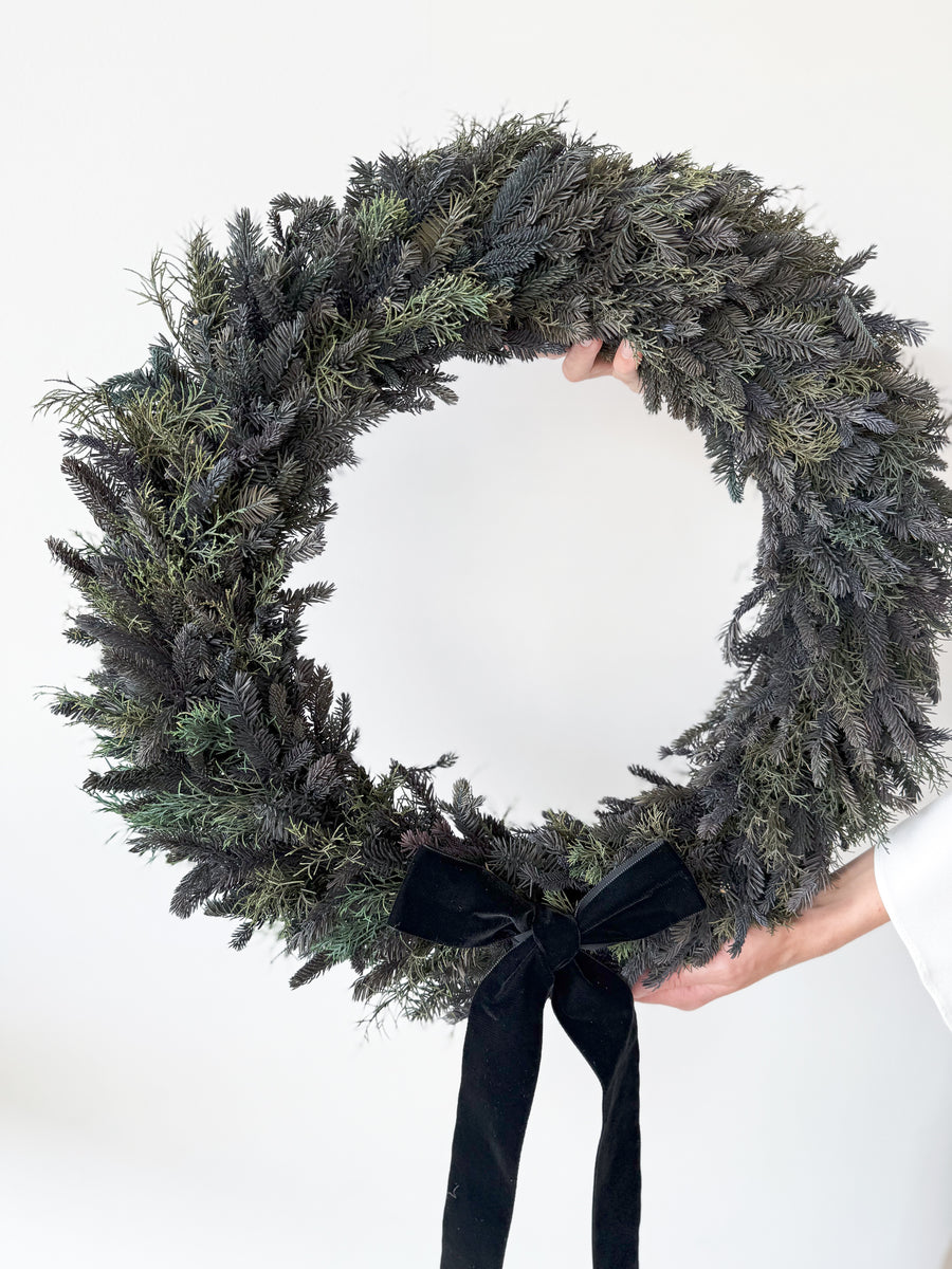 PRESERVED HYDRANGEA CHRISTMAS WREATH with BLACK VELVET BOW