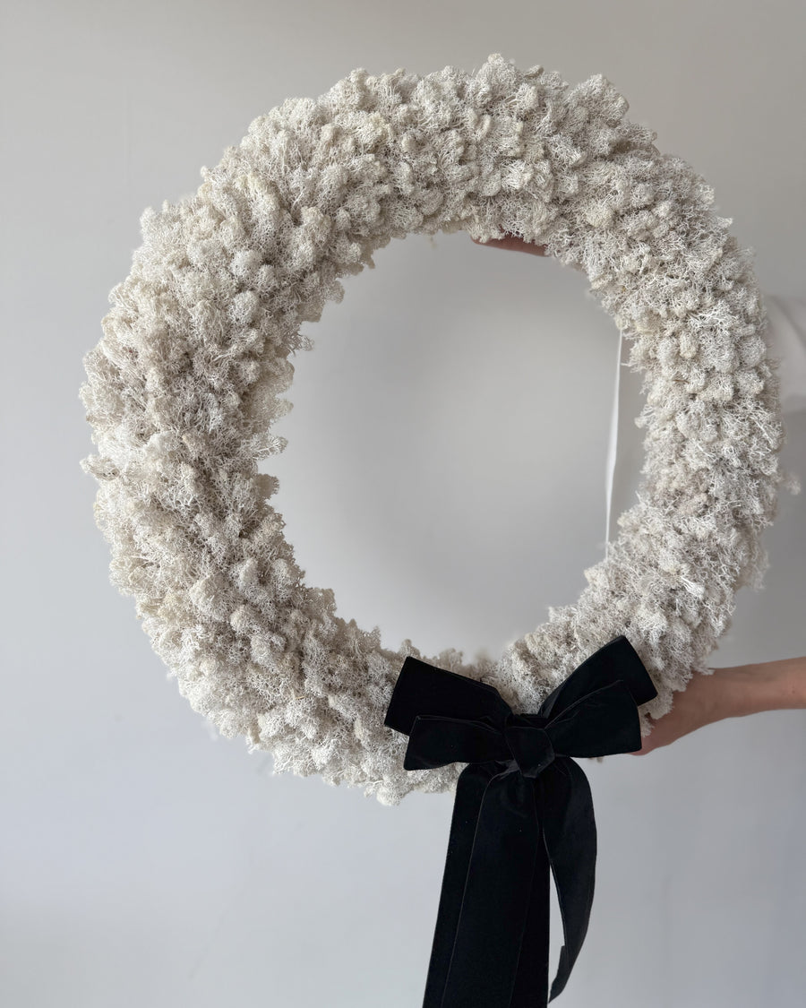 PRESERVED MOSS CHRISTMAS WREATH WITH DOUBLE BLACK VELVET BOW