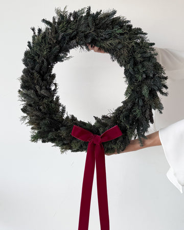 PRESERVED PINE CHRISTMAS WREATH with RED WINE BOW