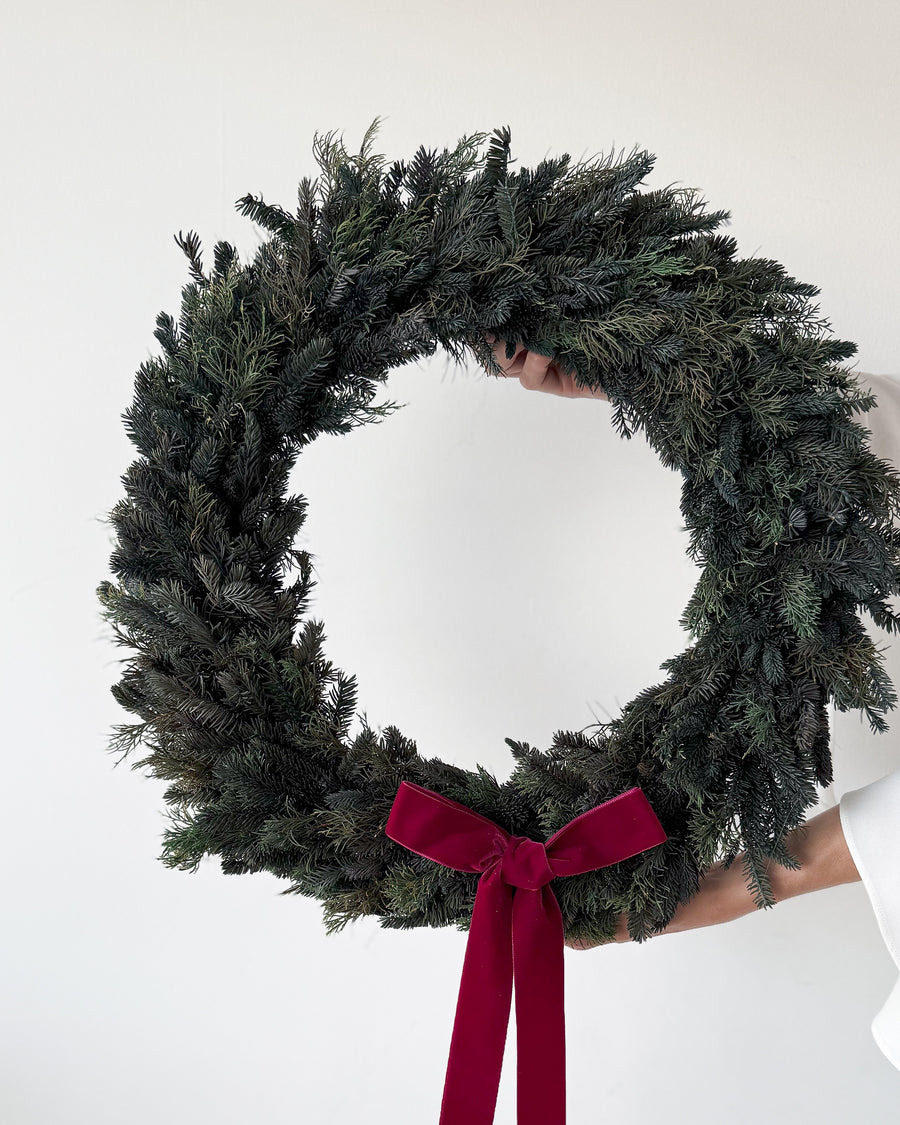 PRESERVED PINE CHRISTMAS WREATH with RED WINE BOW