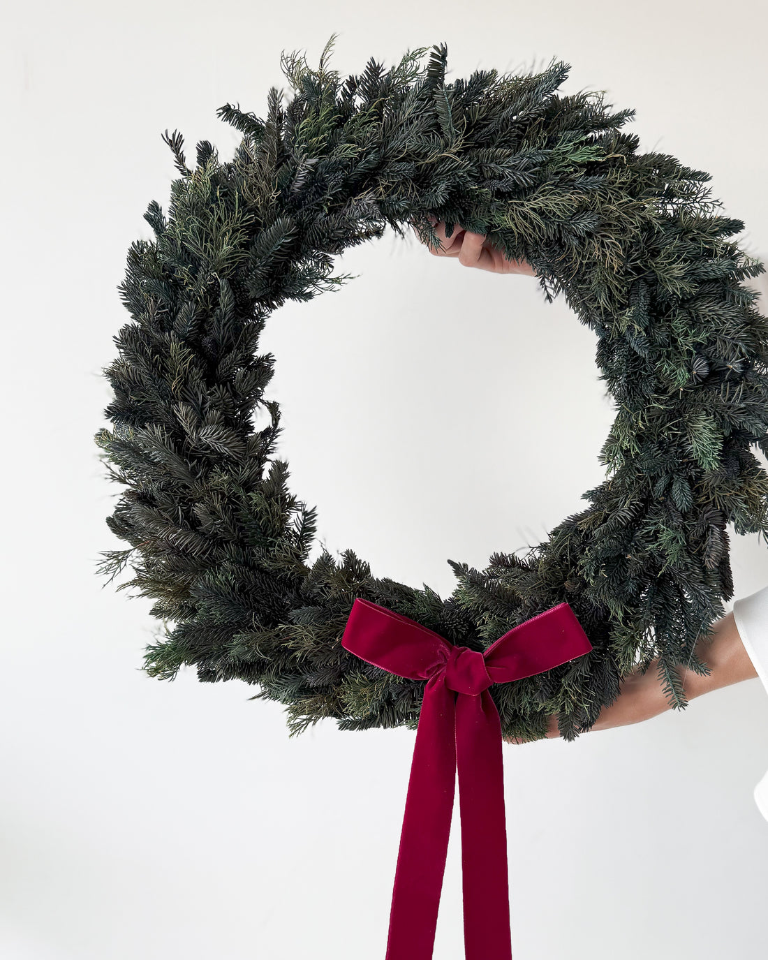 PRESERVED PINE CHRISTMAS WREATH with RED WINE BOW