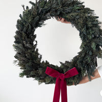 PRESERVED PINE CHRISTMAS WREATH with RED WINE BOW