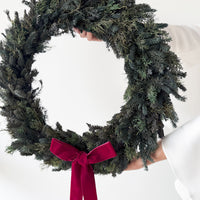 PRESERVED PINE CHRISTMAS WREATH with RED WINE BOW