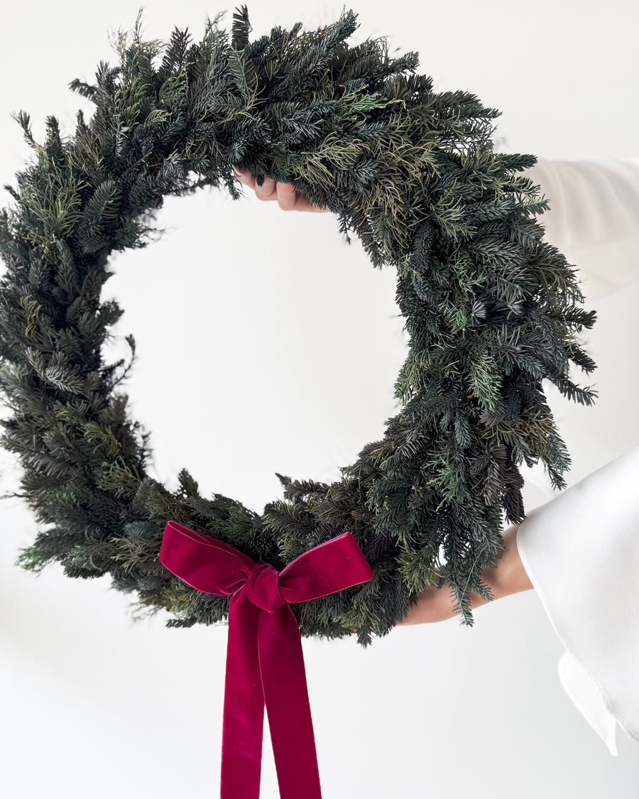 PRESERVED PINE CHRISTMAS WREATH with RED WINE BOW