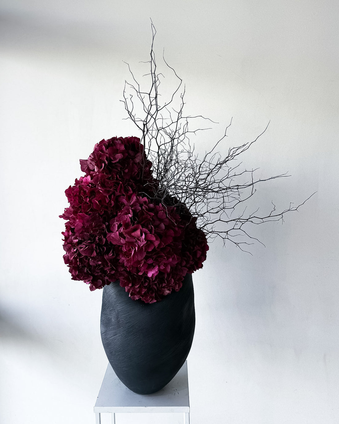 NATALIA | BURGUNDY HYDRANGEA AND COROKIA IN MORPH VASE EBONY