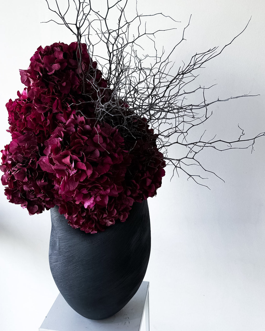 NATALIA | BURGUNDY HYDRANGEA AND COROKIA IN MORPH VASE EBONY
