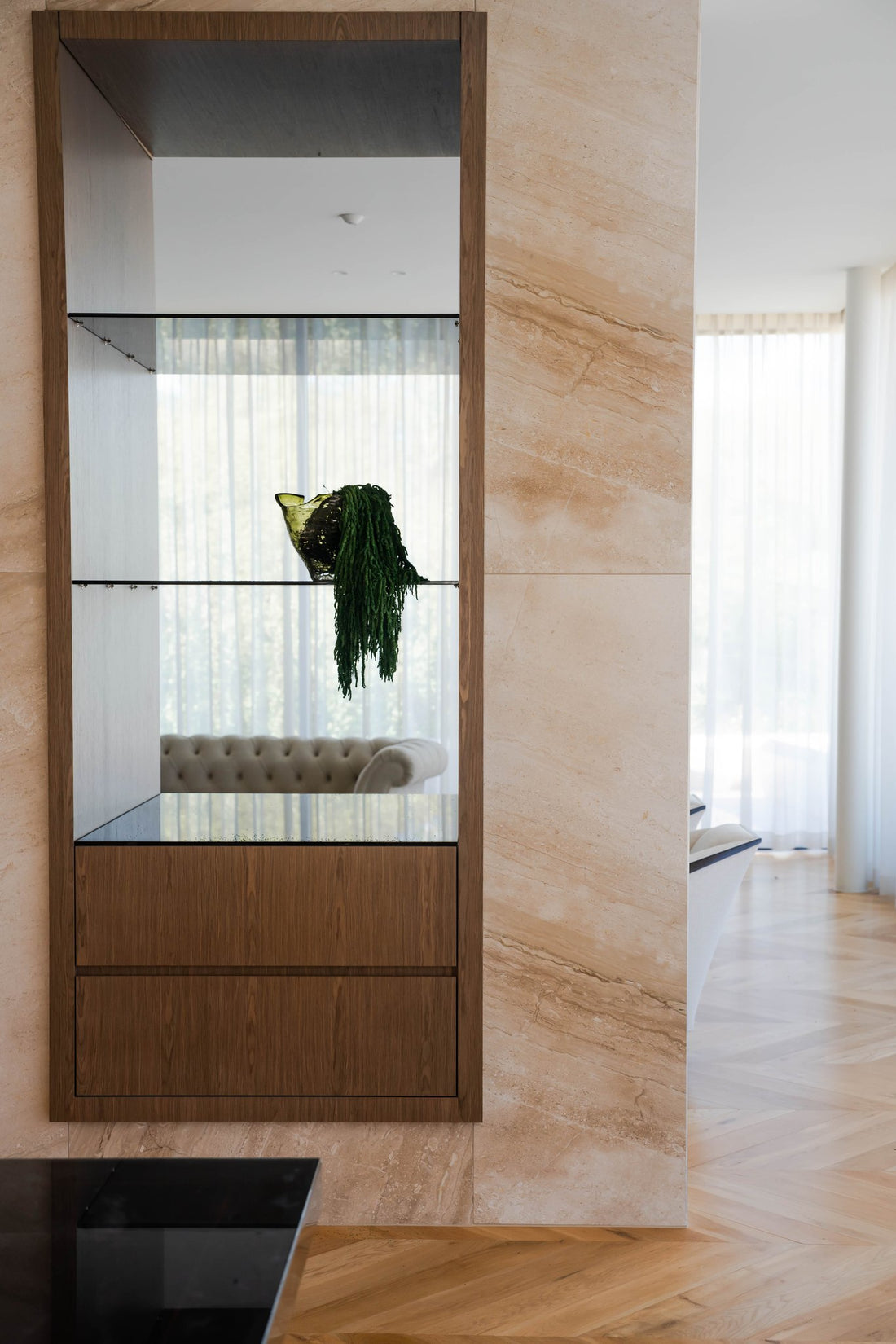 NICOLA emerald preserved amaranthus trailing from Lashay bowl green by The Palmier, styled on a shelf