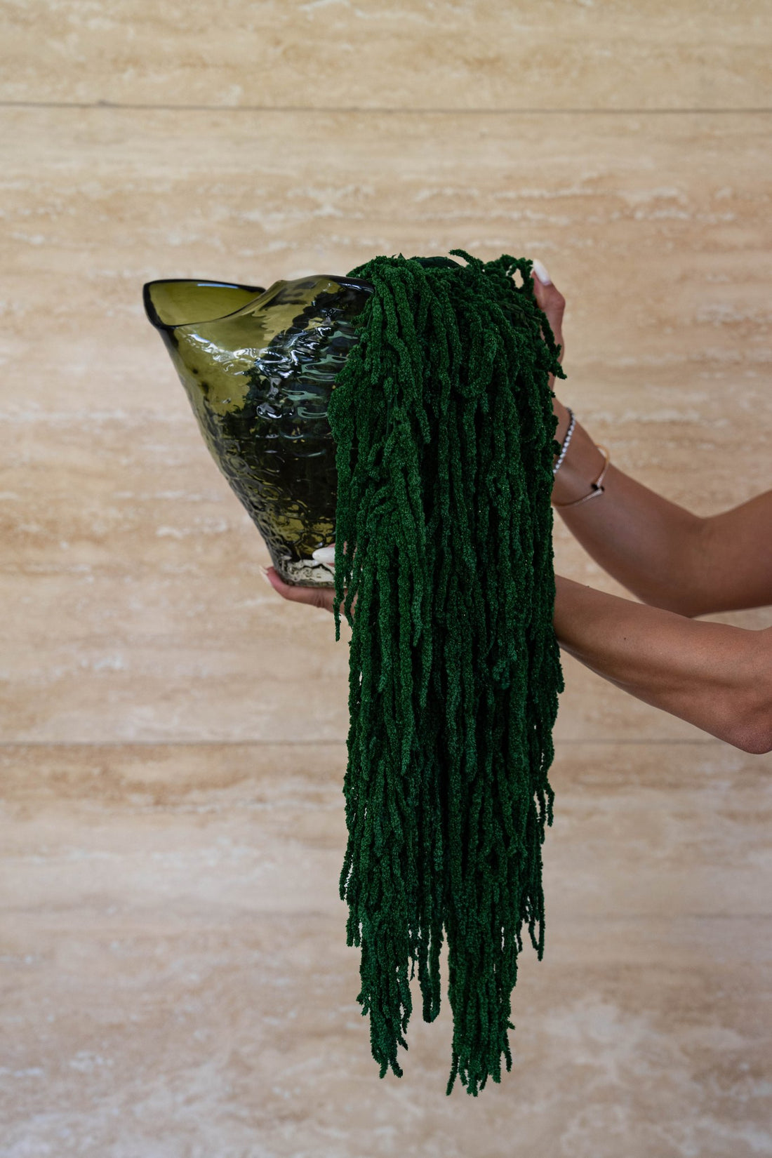 NICOLA emerald preserved amaranthus in Lashay bowl green, held to show scale